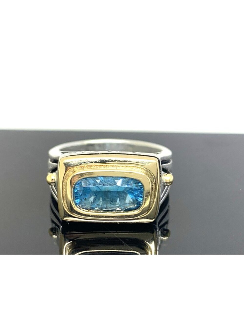 John Atencio Blue Topaz 18k Yellow Gold Sterling Silver Statement Ring Size 7.5